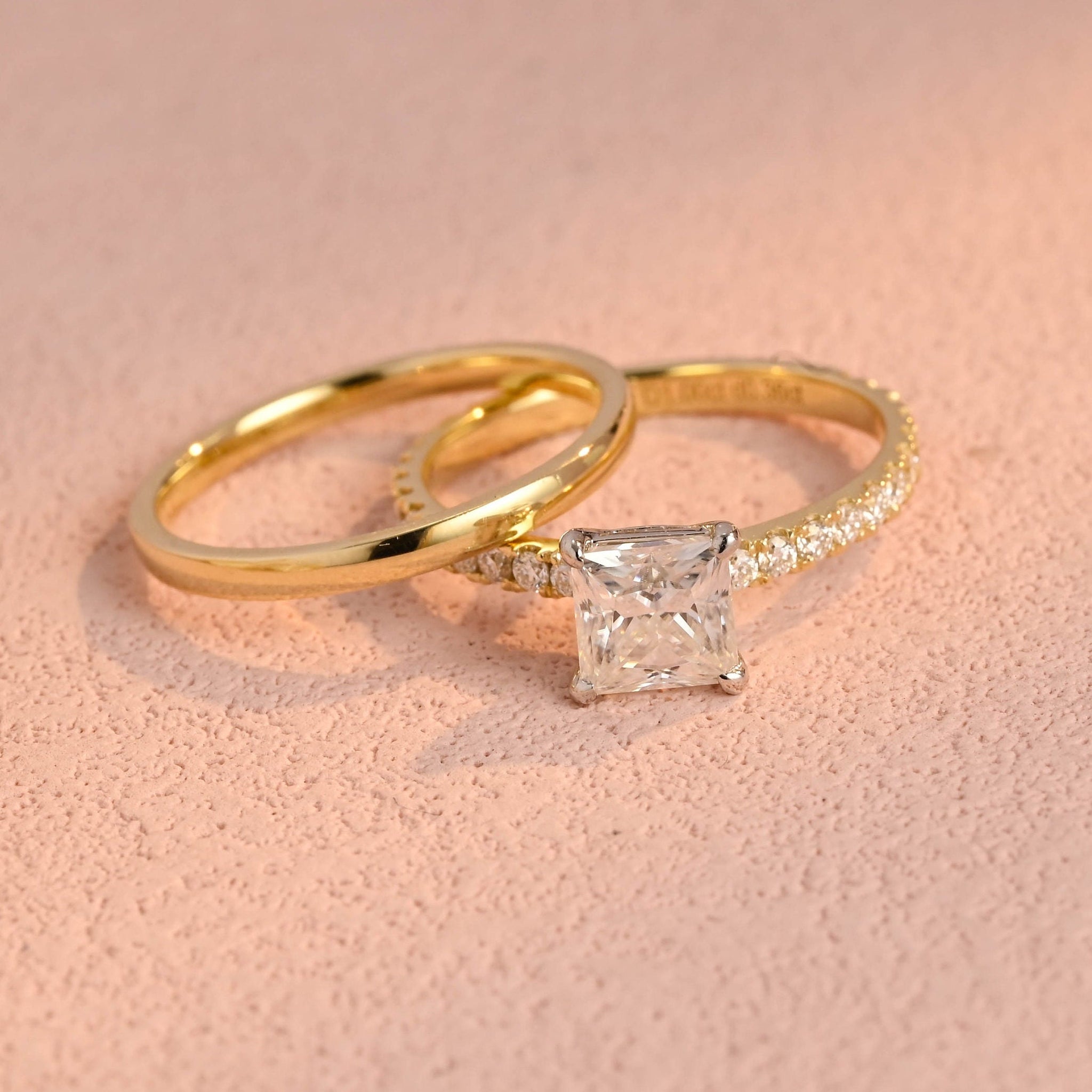 Two Tone Princess Cut 1ct Moissanite Wedding Ring Set