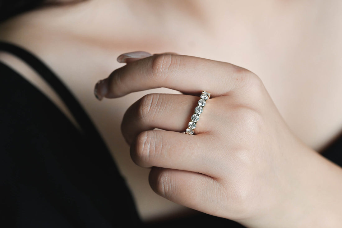 Solid Gold Round & Emerald Cut Moissanite Wedding Band