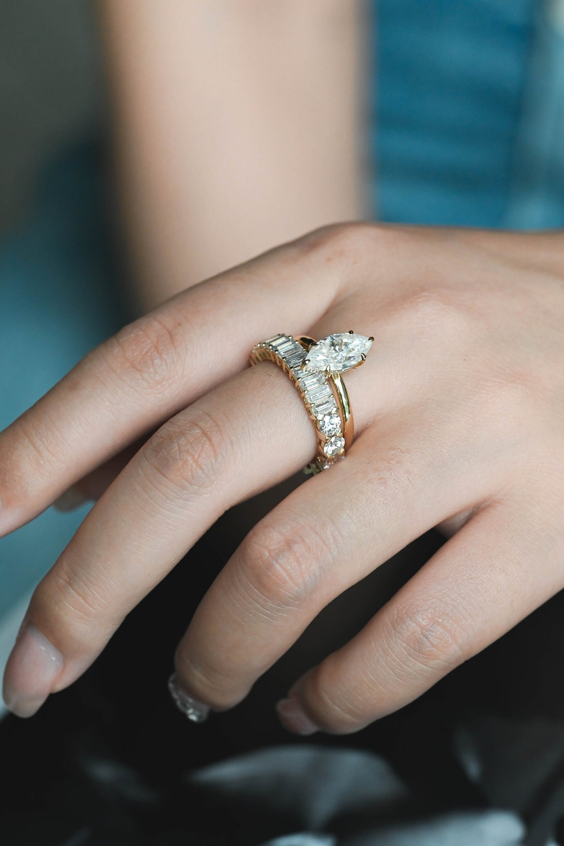 Solid Gold Marquise Moissanite Engagement Ring and Wedding Band Set, Classic Bridal Ring Set, Art Deco Ring, Birthday Gift for Woman, Wife