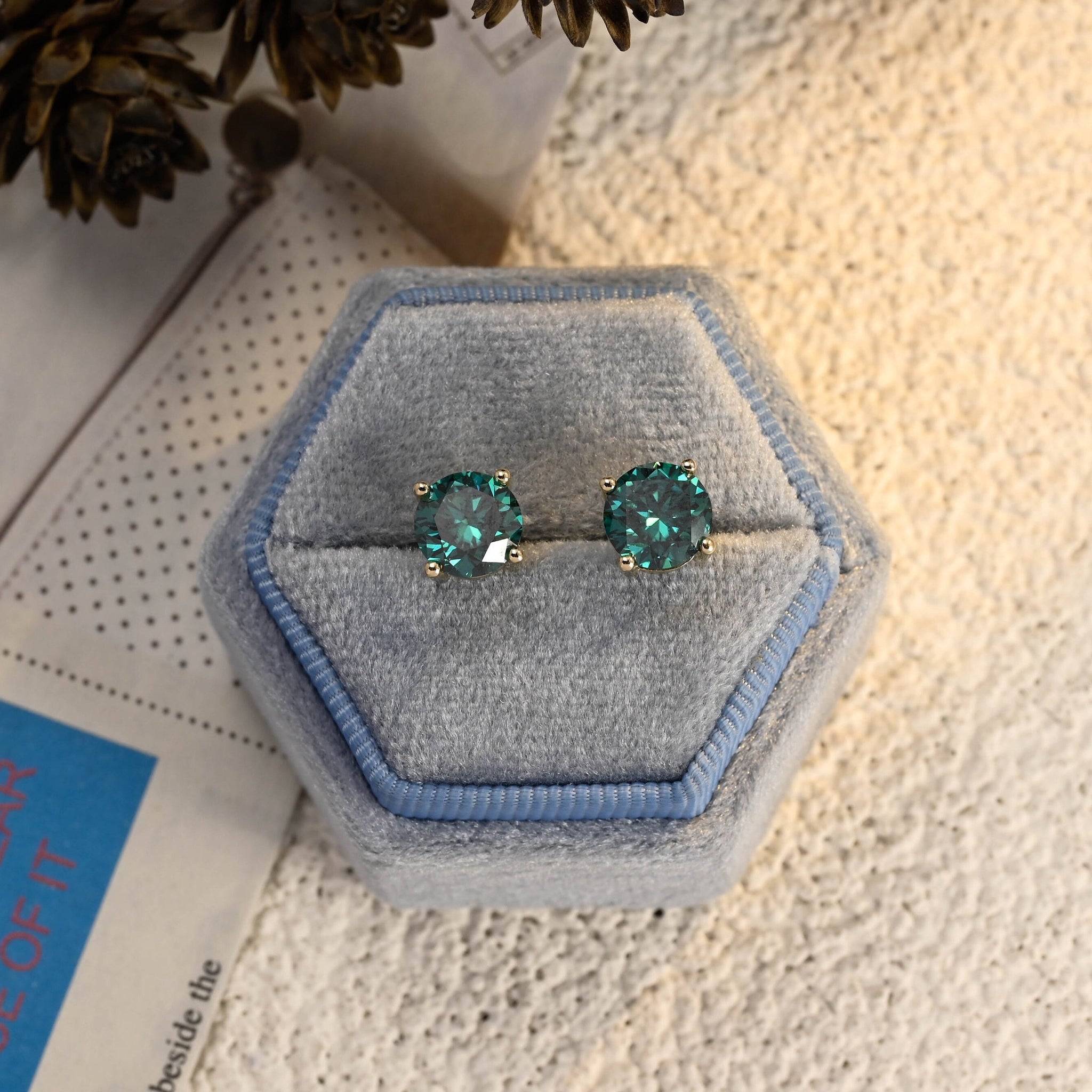 round cut green moissanite earring stud real solid gold christmas gift for woman