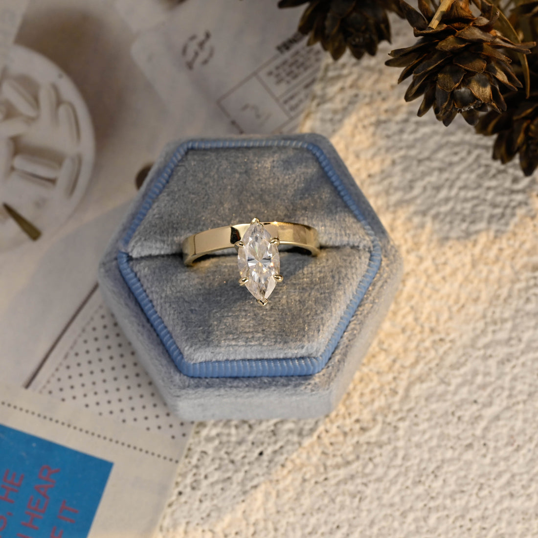 3.5mm Marquise Cut Solid Gold Off Center Handmade Moissanite Wedding Band