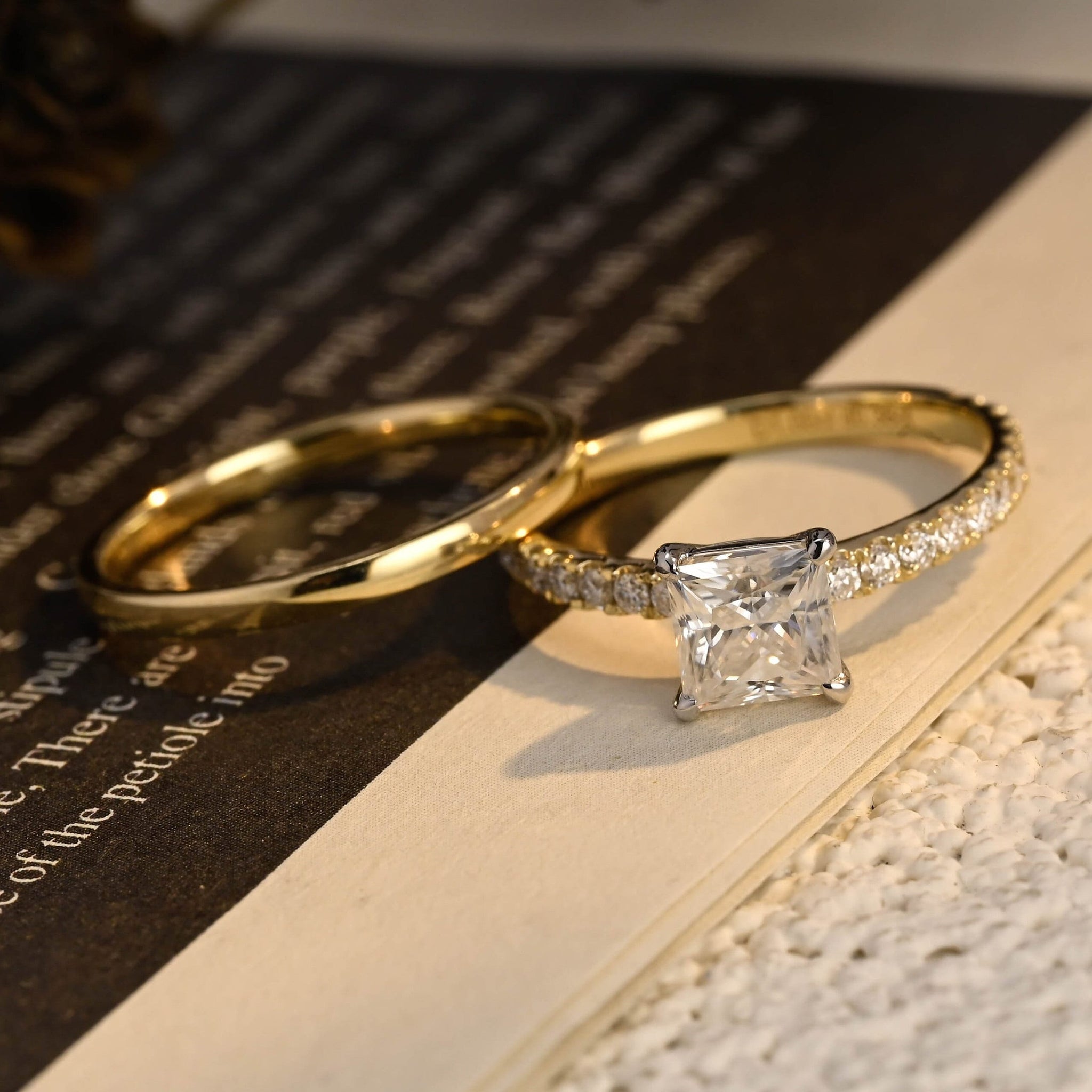Two Tone Princess Cut Solid Gold Plain Band Moissanite Engagement