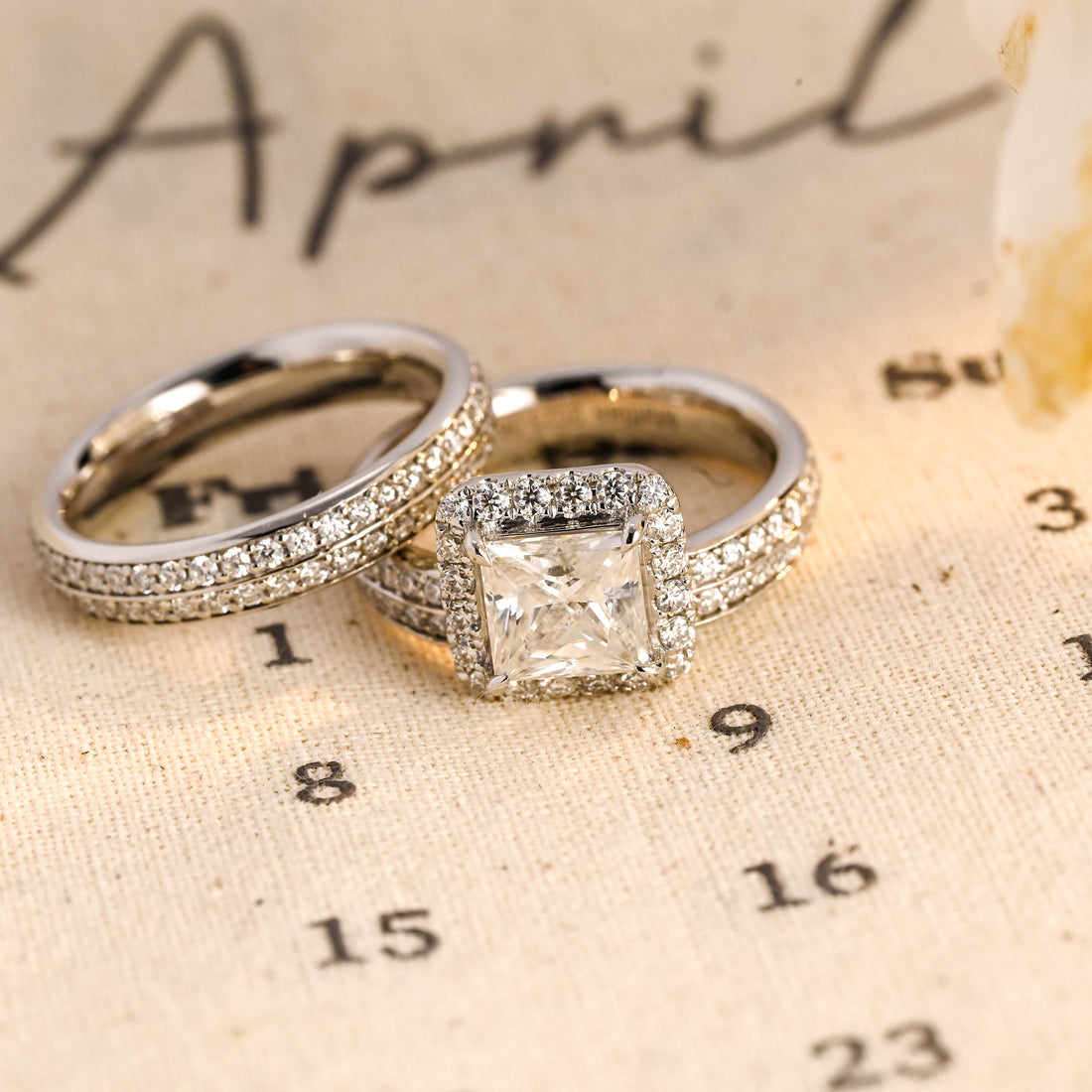 Off Center Princess Cut Moissanite Wedding Ring Set For Women