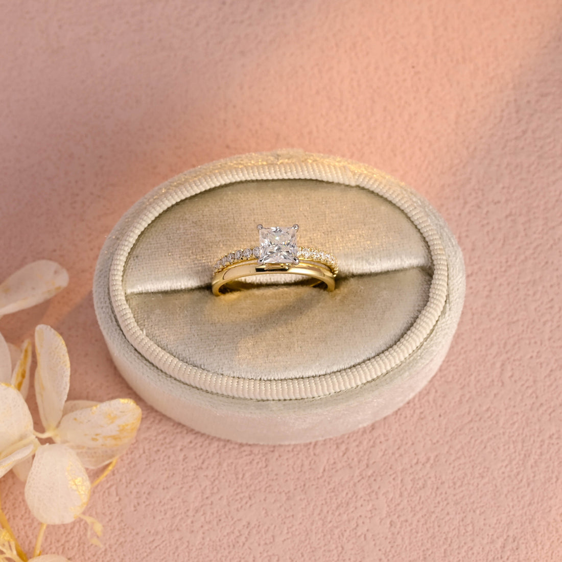 Two Tone Princess Cut 1ct Moissanite Wedding Ring Set