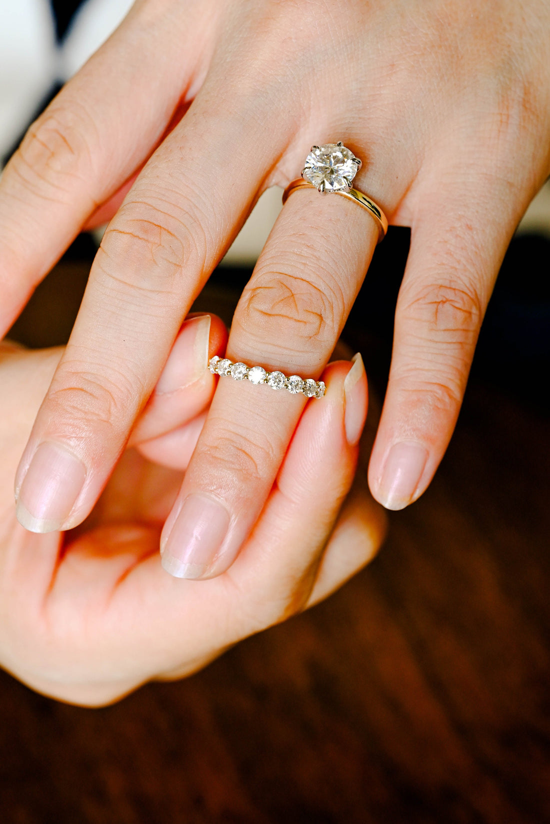 Two Tone Solid Gold Round Cut Moissanite Engagement Ring and Wedding Band Set, Bridal Ring Set, Art Deco Ring, Anniversary Gift for Woman
