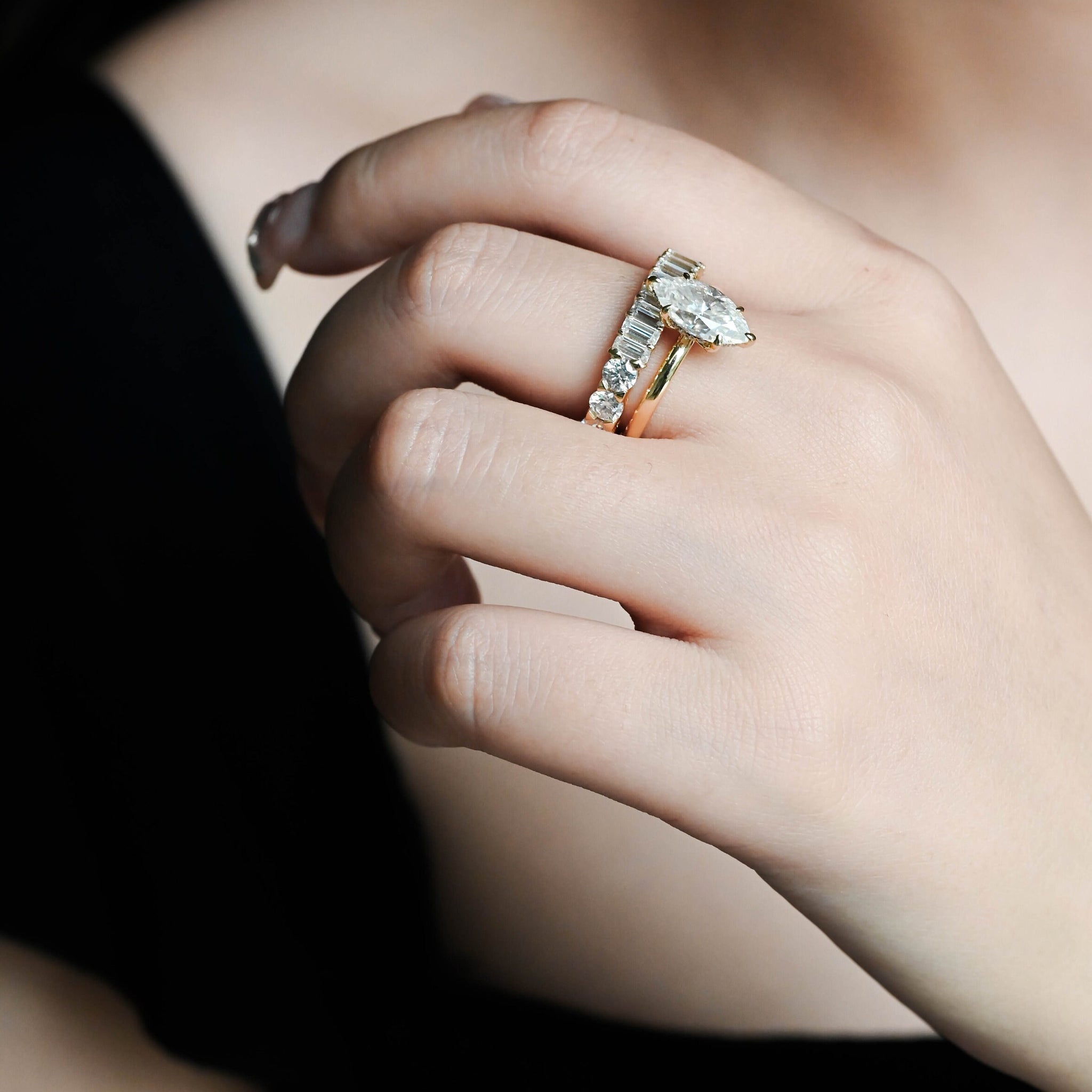 Solid Gold Marquise Moissanite Engagement Ring and Wedding Band Set, Classic Bridal Ring Set, Art Deco Ring, Birthday Gift for Woman, Wife