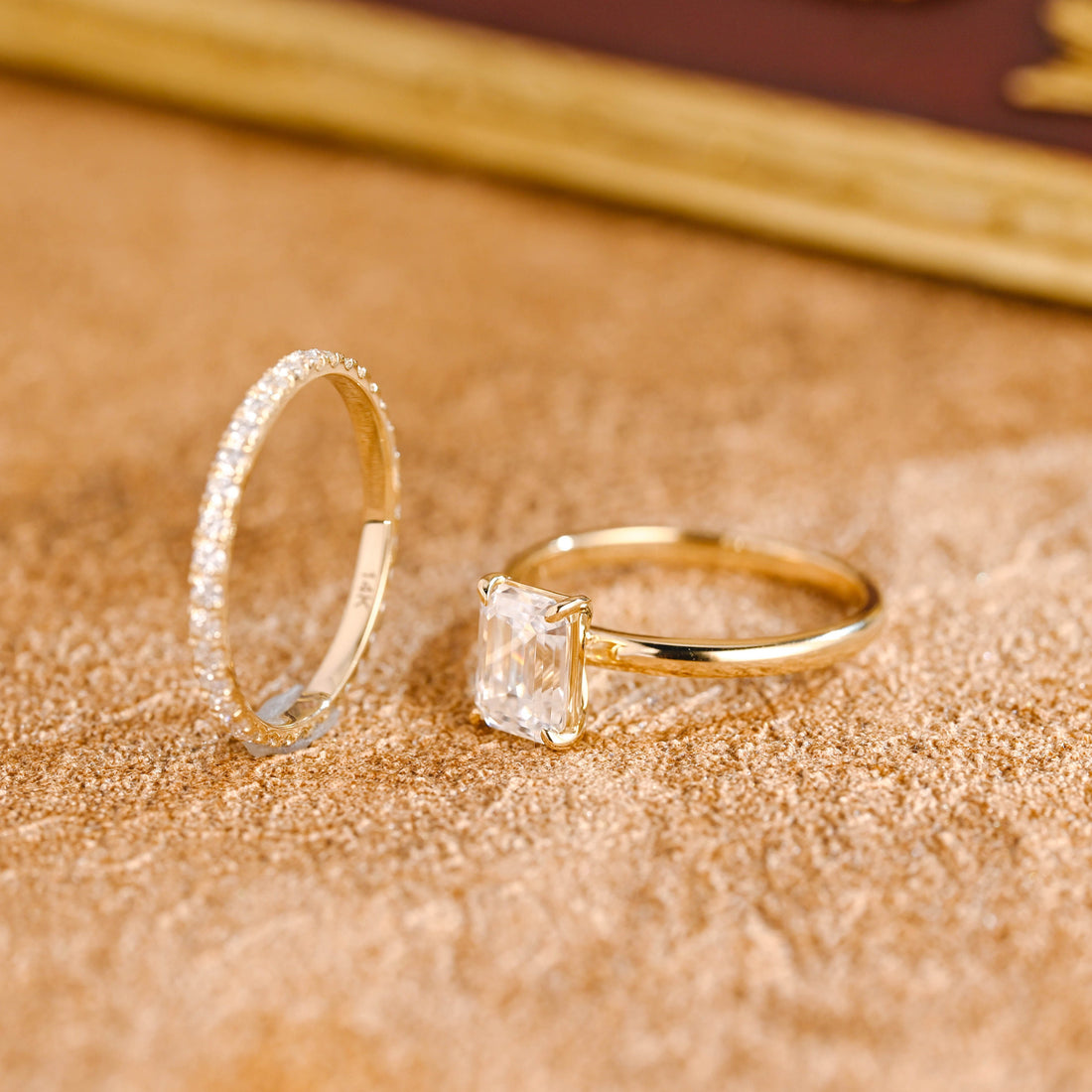 Solid Gold Emerald Cut Moissanite Engagement Ring and Wedding Ring Set, Classic Bridal Set, Art Deco Ring, Anniversary Gift for Woman, Wife