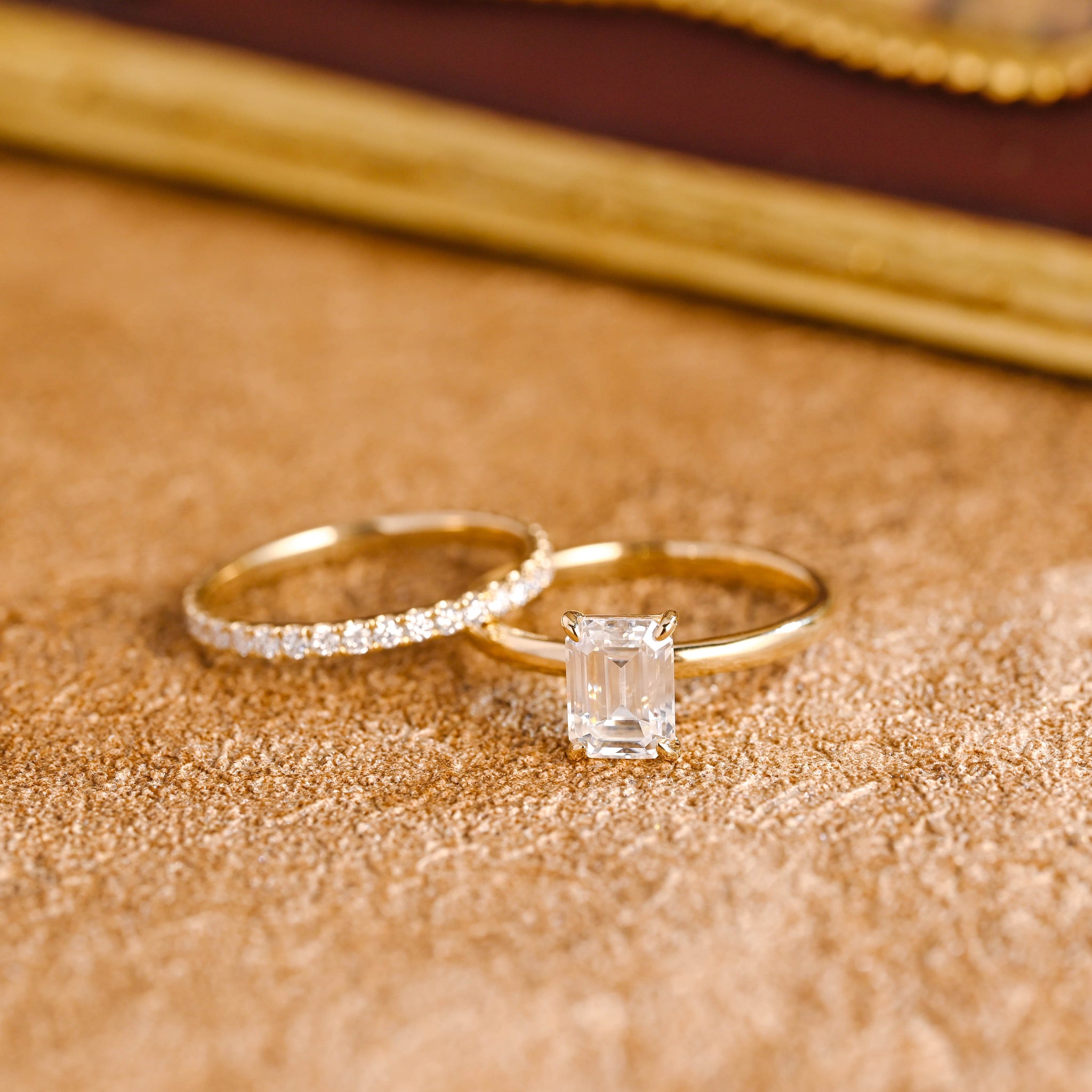 Solid Gold Emerald Cut Moissanite Engagement Ring and Wedding Ring Set, Classic Bridal Set, Art Deco Ring, Anniversary Gift for Woman, Wife