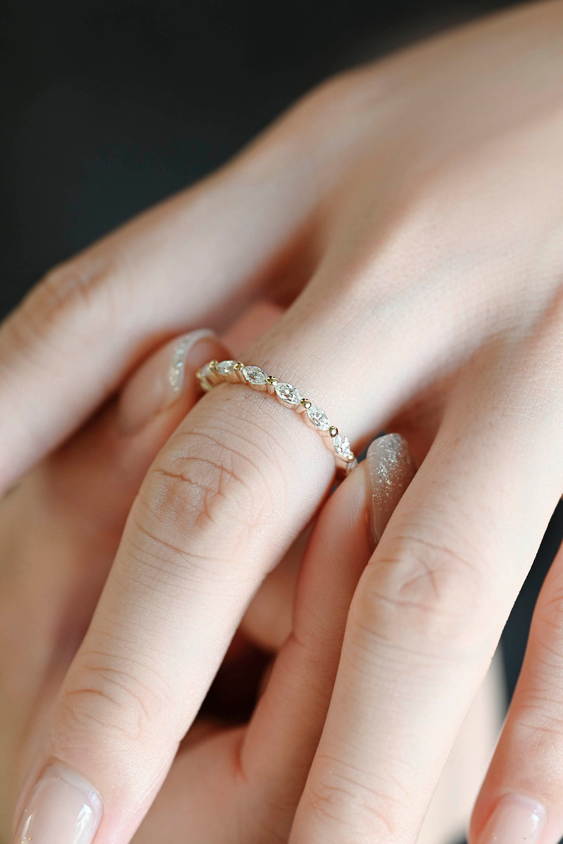 Solid Gold Marquise Cut Moissanite Art Deco Half Eternity Wedding Ring