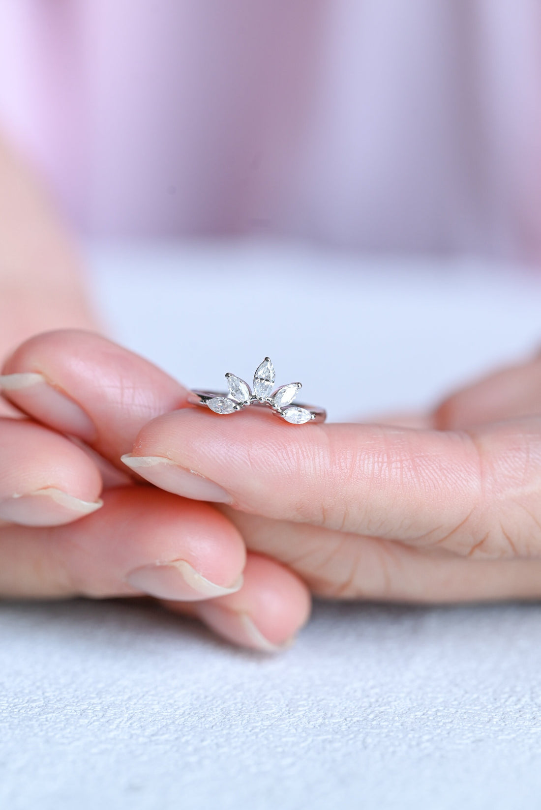 Solid Gold Marquise Cut Moissanite Curved Wedding Ring