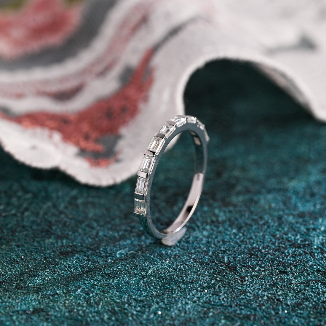 Minimal Baguette Cut Moissanite Solid Gold Half Eternity Band