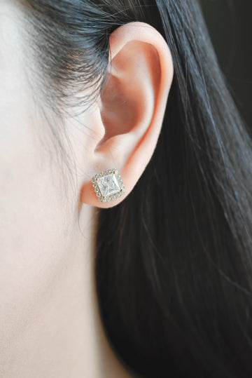 Solid Gold Princess Cut Moissanite Stud Earrings, Vintage Gold Studs, Valentine's Day / Anniversary / Birthday Gift for Woman, Wife, Girl