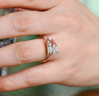 5mm Toi Et Moi Pear Cut Pink Sapphire And Emerald Cut Diamond Ring