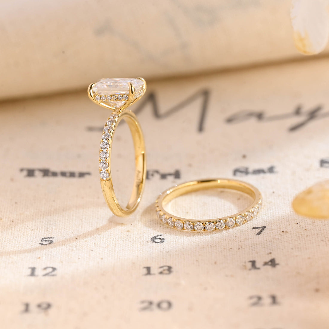 Radiant Cut Paved Hidden Halo Moissanite Engagement Bridal Ring Set, Moissanite Wedding Ring Set Solid Gold Full-Eternity Moissanite Band