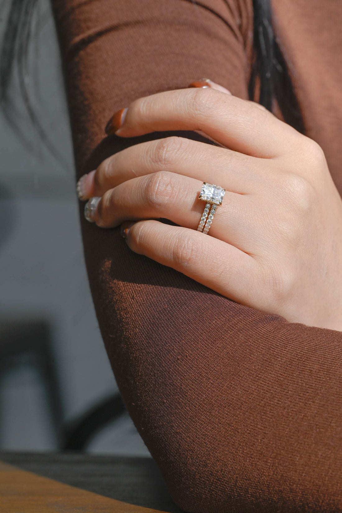 Solid Gold Radiant Cut Moissanite Engagement Ring and Wedding Ring Set, Bridal Ring Set, Art Deco Ring, Valentine's Day Gift for Woman, Wife
