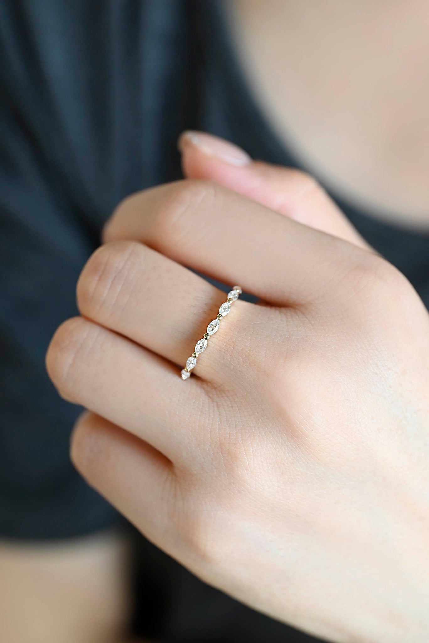 Solid Gold Marquise Cut Moissanite Art Deco Half Eternity Wedding Ring