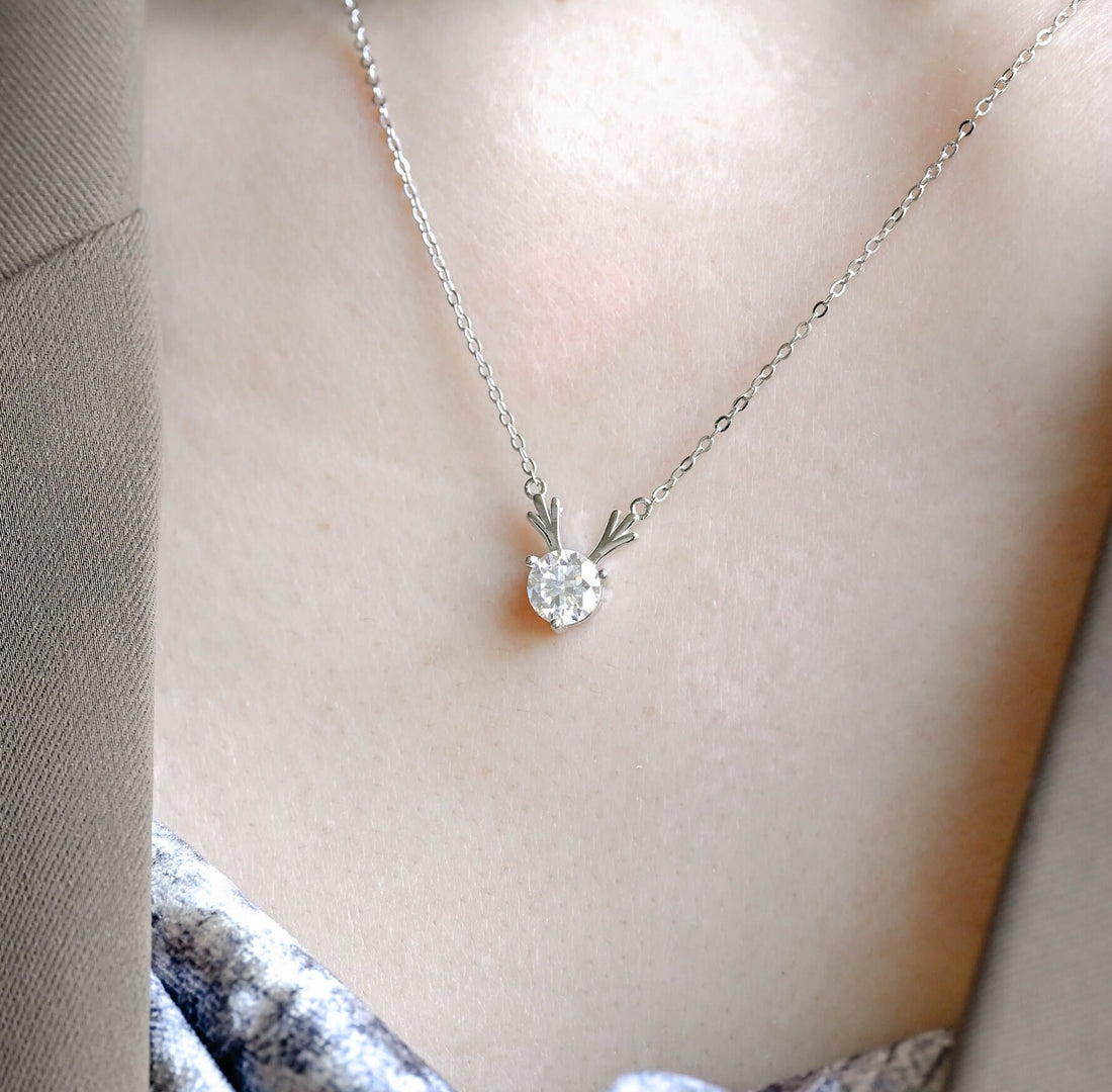 Round Cut Moissanite Reindeer Holiday Necklace for Christmas, Real Solid Gold Winter Wonderland Dear Pendant Necklace, Deer Horn Jewelry