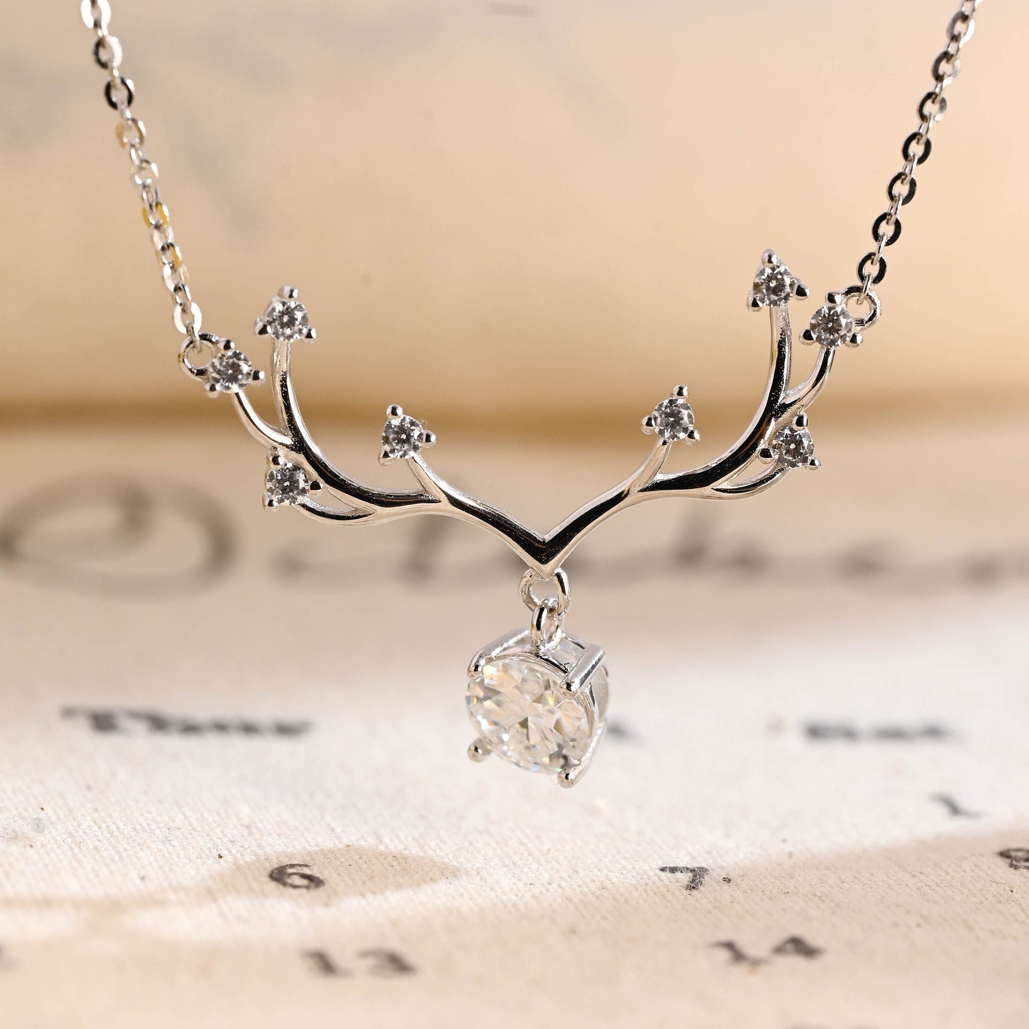 Round Cut Moissanite Reindeer Holiday Necklace for Christmas, Real Solid Gold Winter Wonderland Dear Pendant Necklace, Deer Horn Jewelry