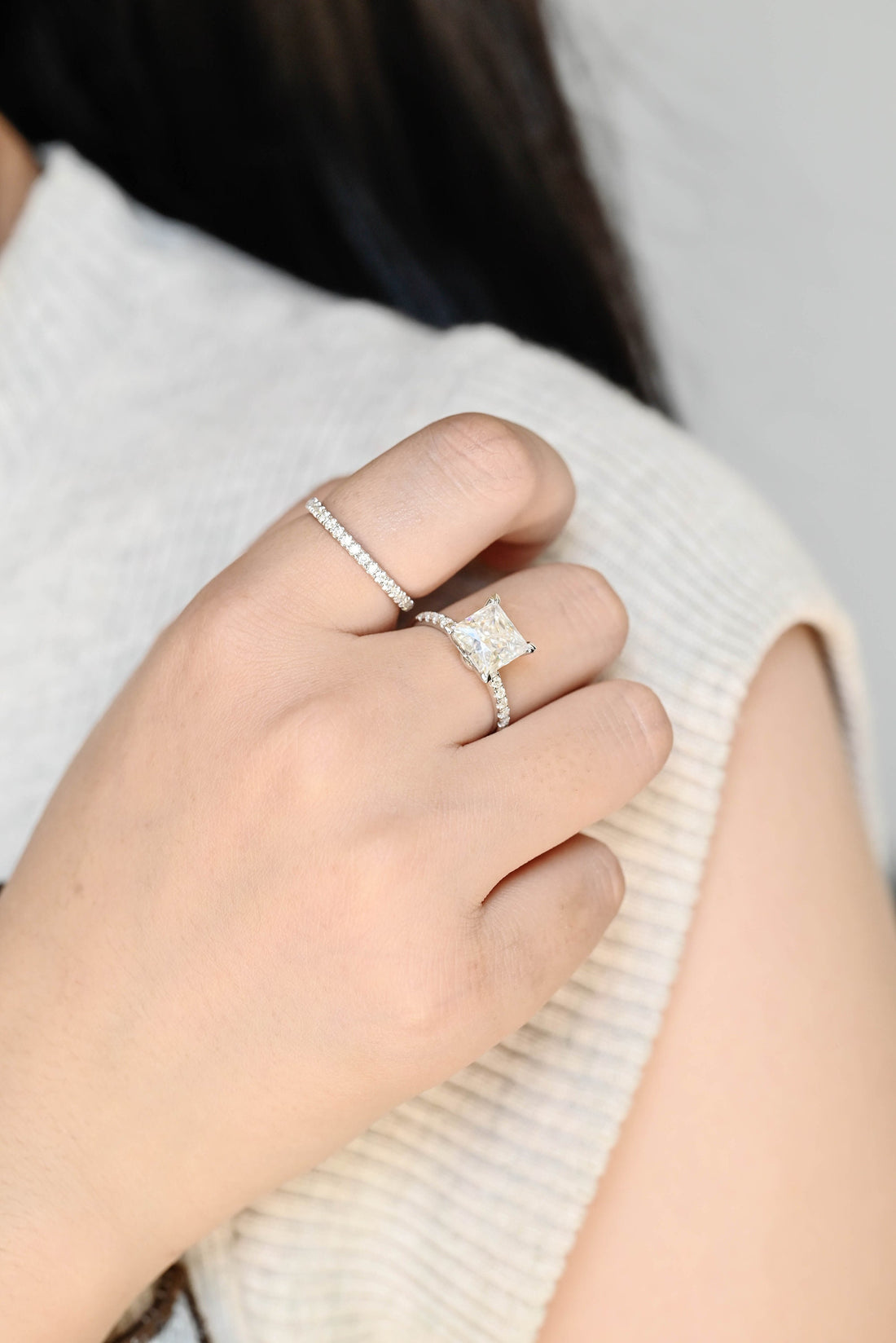 Solid Gold Princess Cut Moissanite Engagement Ring Set, Classic Promise Ring Set, Bridal Ring Set, Art Deco Ring, Gift for Girl, Woman, Wife