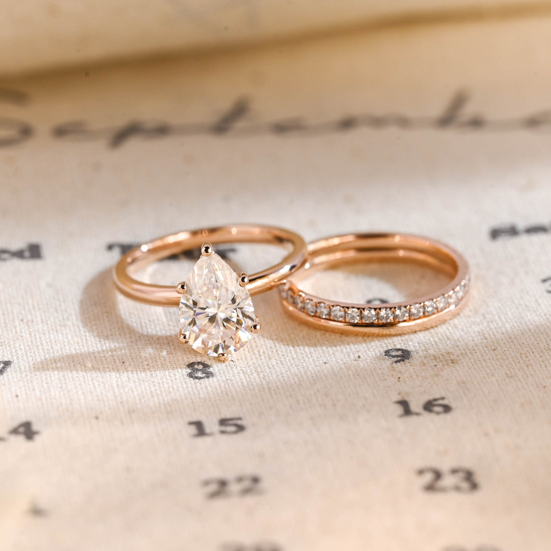 Hidden Halo Pear Cut Moissanite Engagement Ring Set, Real Solid Gold Full-Eternity Pear Cut Moissanite Bridal Ring Set Wedding Ring Set