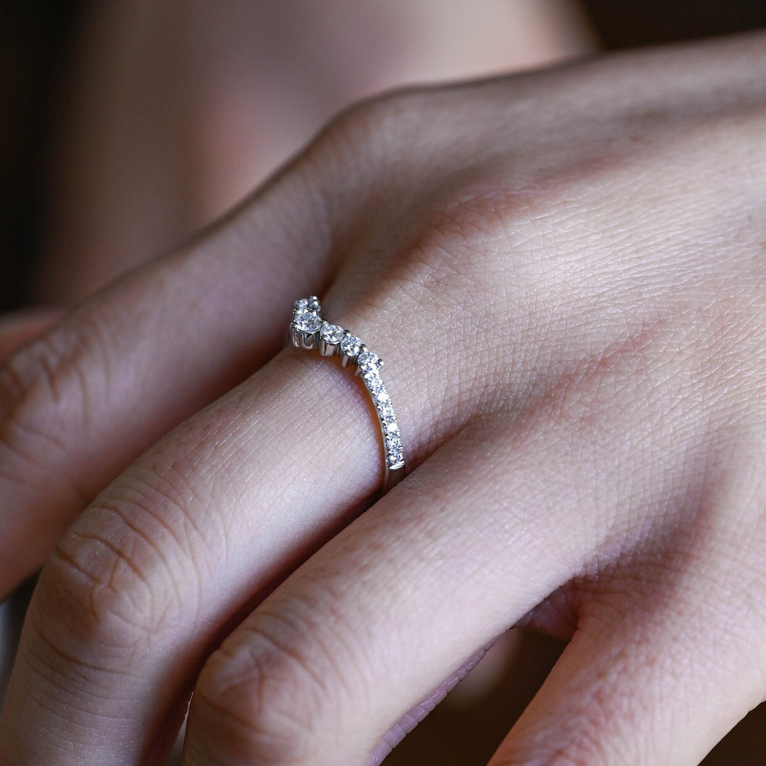 Chevron Round Moissanite Solid Gold V Shaped Stacking Ring