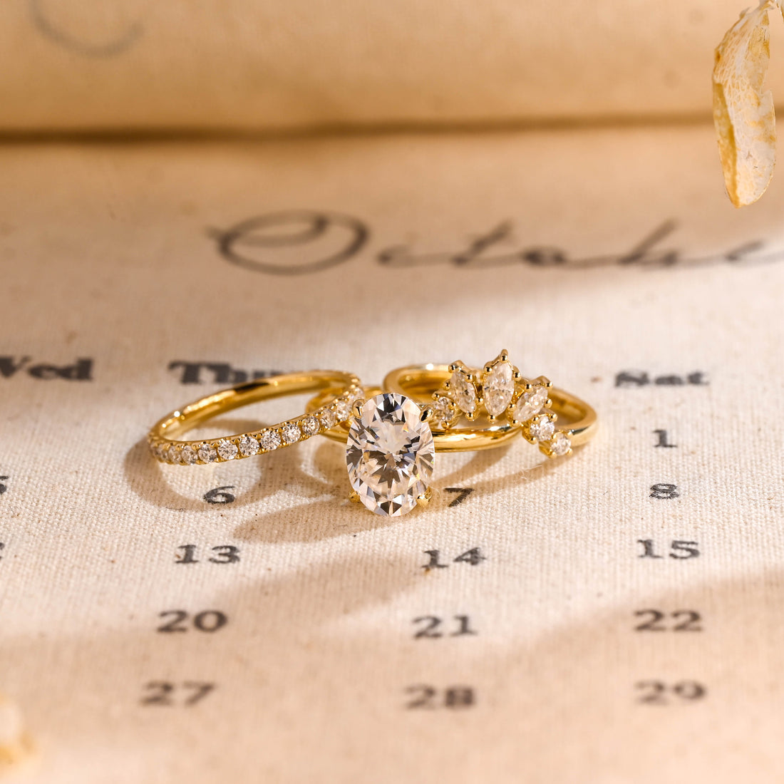 Three Rings Oval Moissanite Engagement Ring Set, Real Solid Gold Full-Eternity Round Moissanite Bridal Ring Set Wedding Ring Set for Women