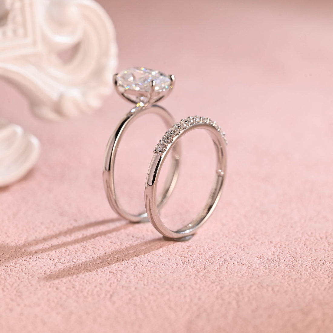 Crushed Ice Elongated Cushion Moissanite Engagement Ring Set, Gold Bridal Set, Wedding Ring Set, Hafl Eternity Wedding Band, Gift for Women