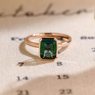 9mm Green Emerald Cut Bezel Engagement Ring