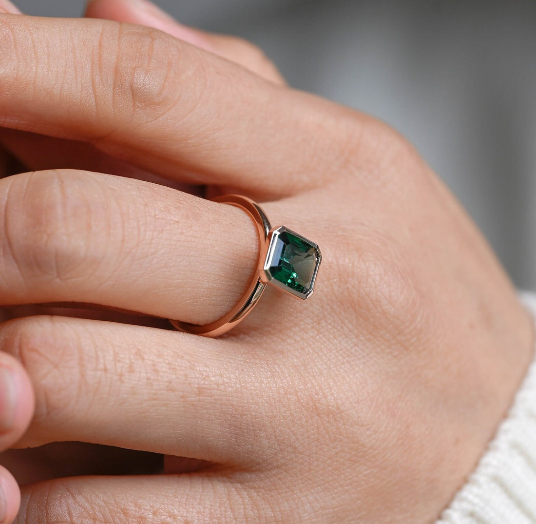 9mm Green Emerald Cut Bezel Engagement Ring