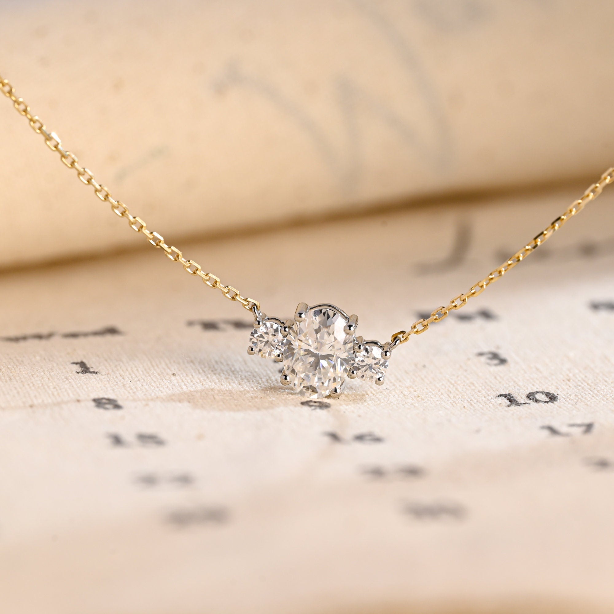 Two Tone Oval Three Stone Moissanite Pendant Necklace, Solid Gold Moissanite Pendant Anniversary Gift/Birthday Gifts/Christmas Gifts for Her