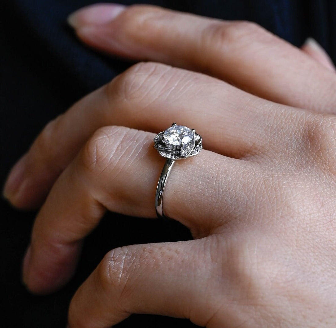 1.00ct Rose Floral Round Halo Diamond Engagement Ring