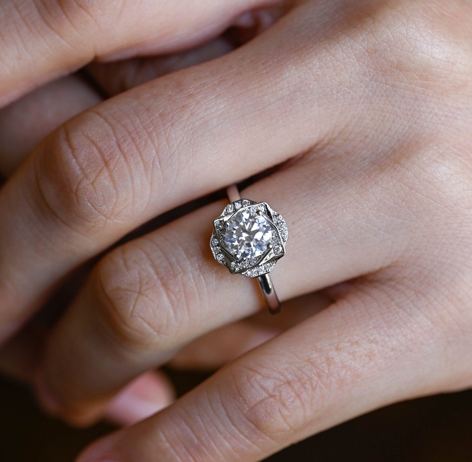 1.00ct Rose Floral Round Halo Diamond Engagement Ring