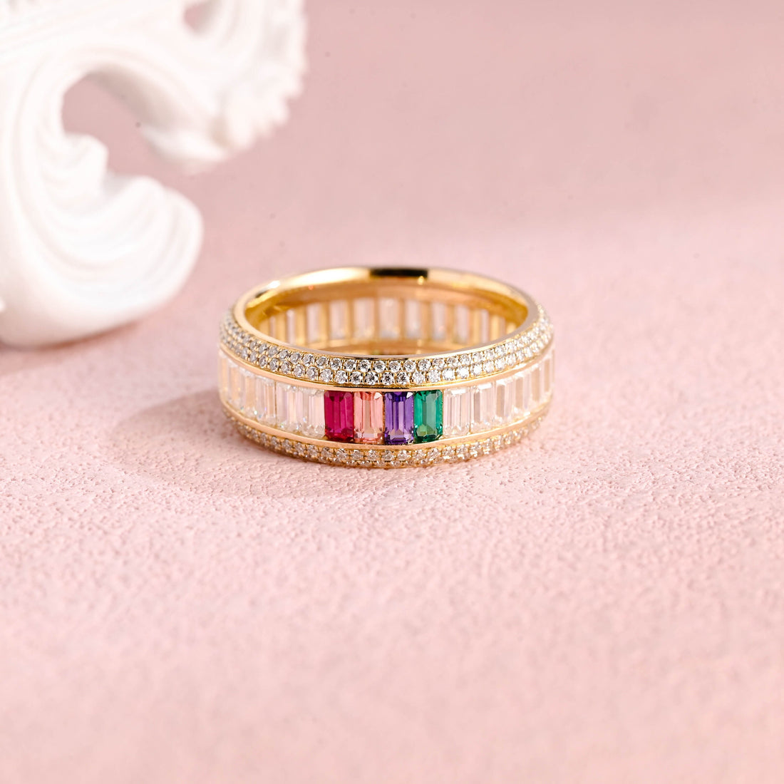 Emerald Cut Gold Men's Wedding Band Ruby Sapphire Amethyst