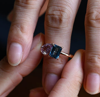 5mm Emerald Blue Topaz & Pear Cut Alexandrite Toi Et Moi Ring