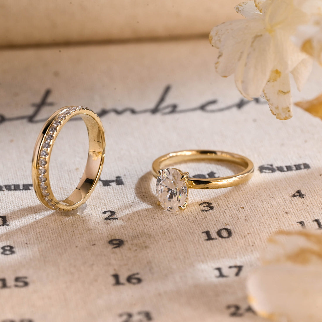 Solitaire Oval Moissanite Engagement Ring Set, Real Solid Gold Full-Eternity Round Moissanite Bridal Ring Set Wedding Ring Set for Women