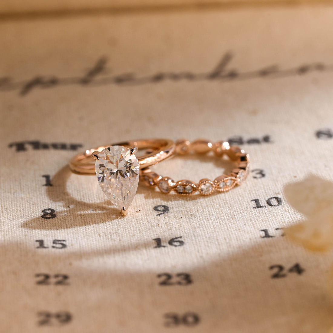 Solitaire Pear Moissanite Engagement Ring Set, Real Solid Gold Hidden Halo Pave Pear Wedding Ring Set Bridal Ring Set, Anniversary Ring Set
