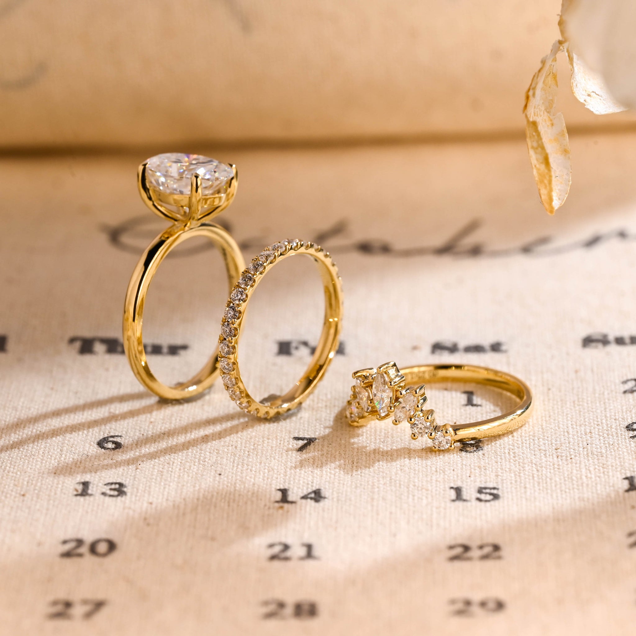Three Rings Oval Moissanite Engagement Ring Set, Real Solid Gold Full-Eternity Round Moissanite Bridal Ring Set Wedding Ring Set for Women