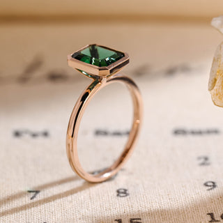 9mm Green Emerald Cut Bezel Engagement Ring