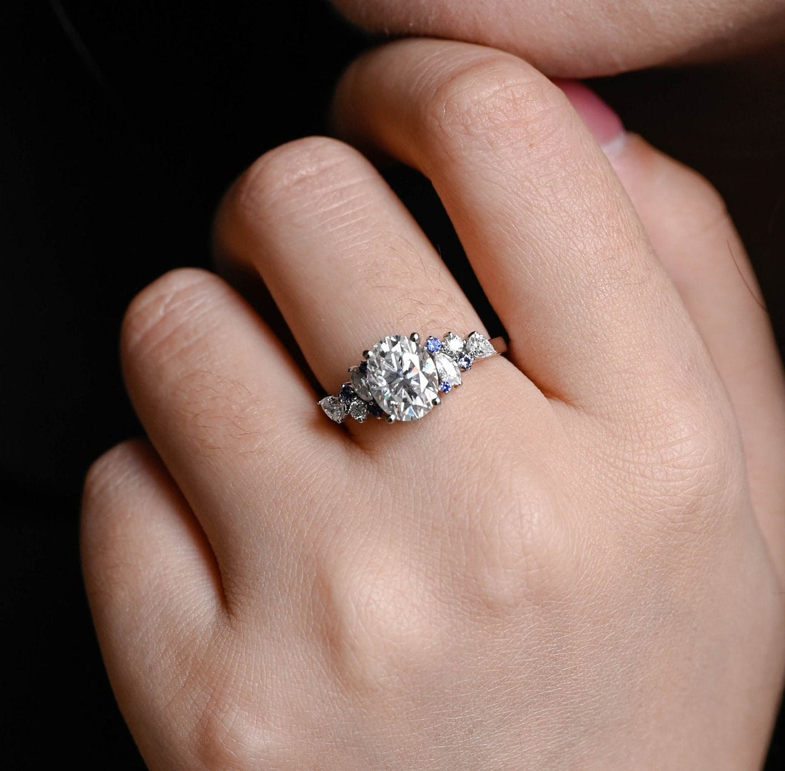 9mm Cluster Oval Diamond Engagement Ring with Sapphire Multi-Stone Oval Cut Ring
