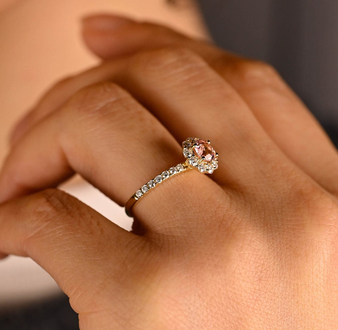 0.50ct Round Pink Sapphire Engagement Ring with Half Pave Diamond Halo