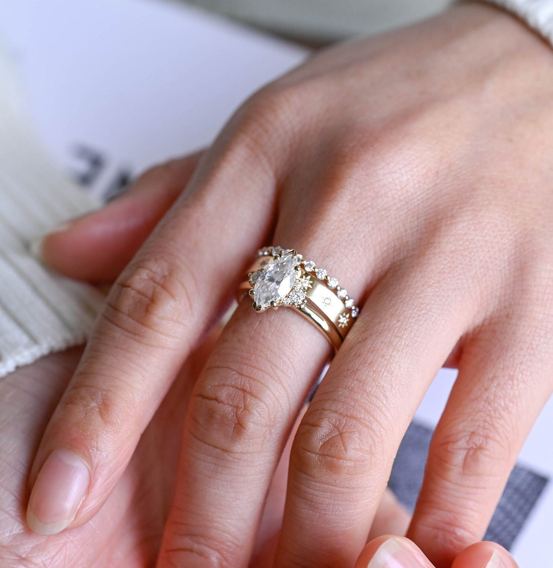 Marquise Moissanite Engagement Ring Set, Solid Gold Wedding Ring Set, Art Deco Bridal Set, Vintage Promise Ring, Anniversary Gift for Woman