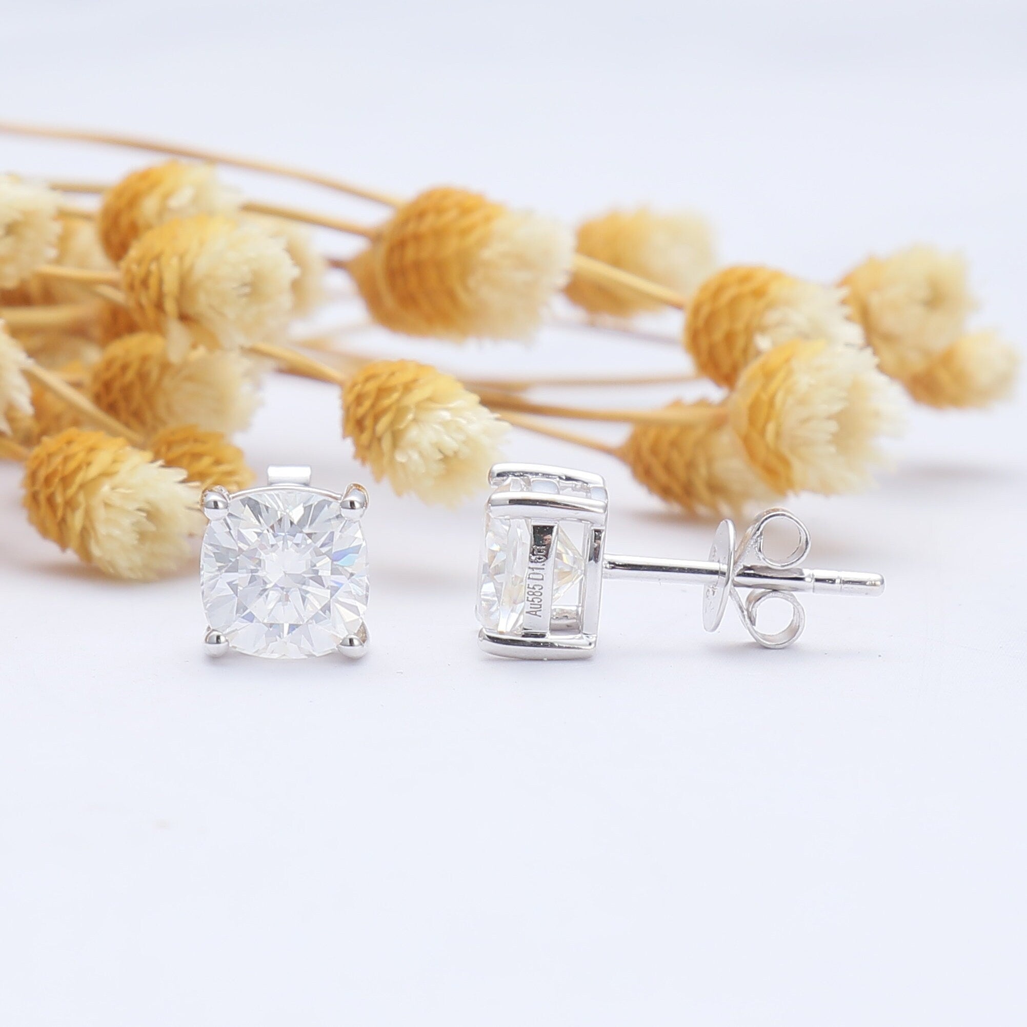 Cushion Cut Moissanite Earrings Studs/14K White Gold Moissanite Studs/1.5ct+1.5ct Anniversary Earrings for Women/Push Back Earrings