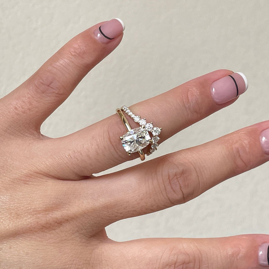 3ct Cushion Moissanite Wedding Set, Elongated Cushion Engagement Ring Set, Cushion Bridal Set, 9K 14K 18K Gold Half Eternity Wedding Band