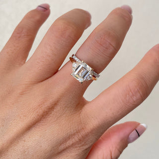 9K/14K/18K Solid Gold Unique Emerald Cut Pave Moissanite Engagement Ring Set, Trillion Vintage Moissanite Ring, Moissanite Bridal Set