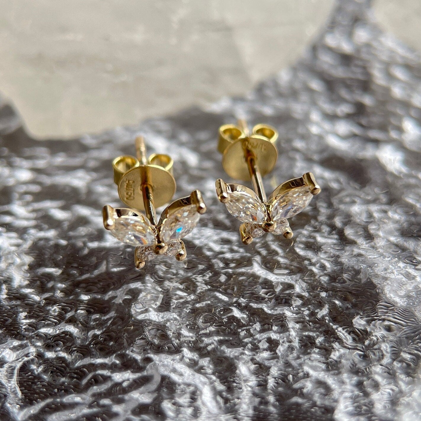 Unique Marquise Cut Moissanite Butterfly Earrings Stud/Real 14K Yellow Gold Round Moissanite Stud/2×4mm Marquise Moissanite Pave Earrings