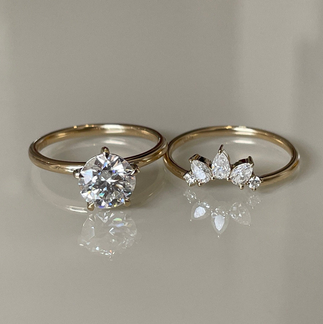 Unique Round Cut Engagement Ring Set, Vintage Round Moissanite Ring, Moissanite Bridal Set, Pear Cut Wedding Band, 14K gold ring gift