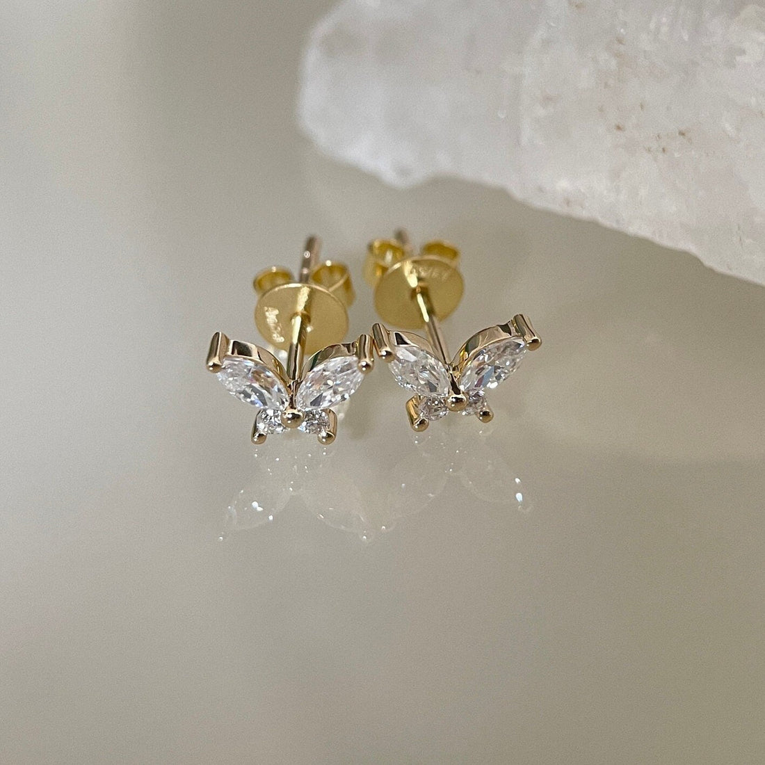 Unique Marquise Cut Moissanite Butterfly Earrings Stud/Real 14K Yellow Gold Round Moissanite Stud/2×4mm Marquise Moissanite Pave Earrings