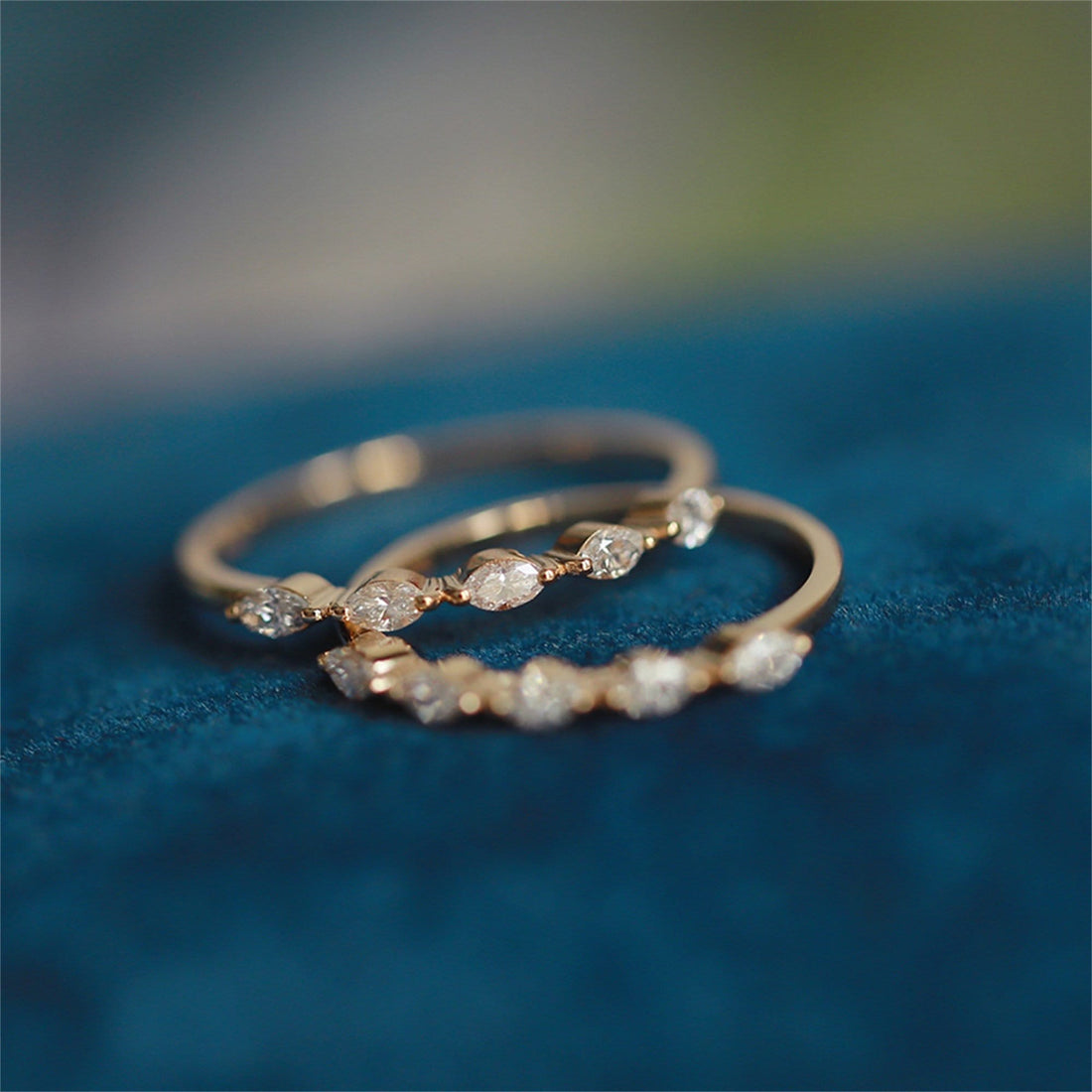 Marquise Cut Moissanite Wedding  Yellow Gold Moissanite Bridal Band