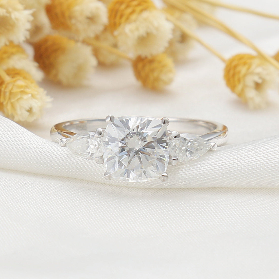 Cushion Moissanite Engagement Ring Set, Round Half Eternity Wedding Band, Bridal Ring Set for Her, Unique 14K Gold Ring, Anniversary Gift