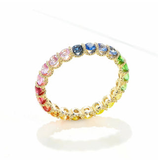 9K/14K/18K Solid Gold Dainty Natural Sapphire Tsavorite, Full Eternity Band Ring, Multi Gemstone Ring, Candy Color Rainbow Ring